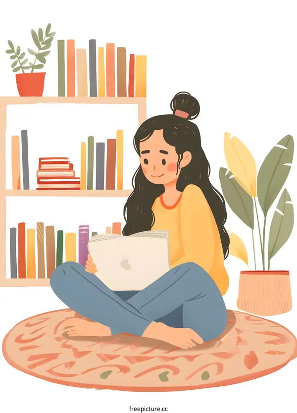 Young Woman Sitting On Rug with Bookshelf and Plants