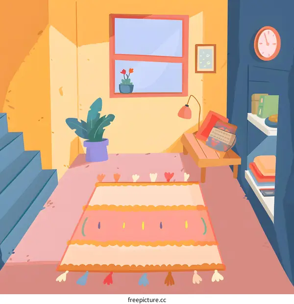 Cartoon Illustration of a Cozy Living Room with a Rug, Stairs, and a Window