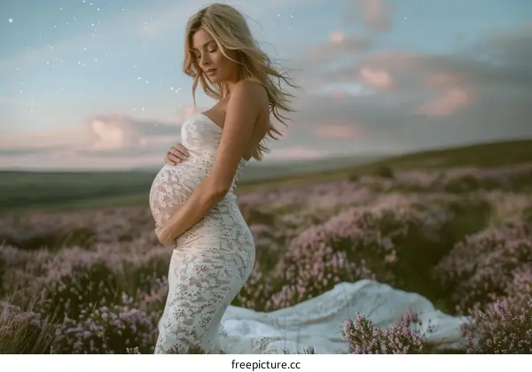 Stunning Pregnant Woman in a Field of Purple Flowers