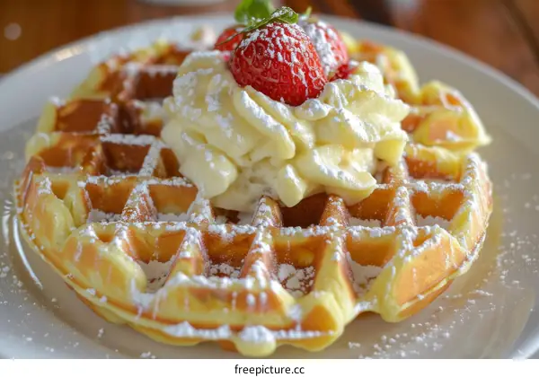 Close-up image of aliege waffles with strawberries and cream