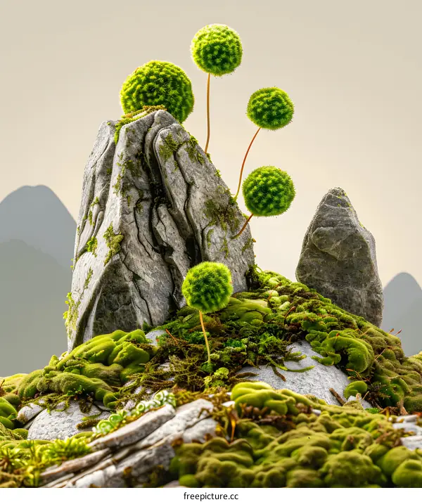 Green Mossy Rocks and Plants Minimalist Nature Background