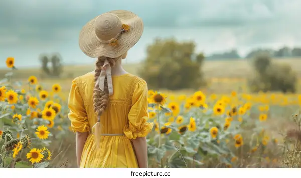 A Woman in a Yellow Dress amidst a Sunflower Field