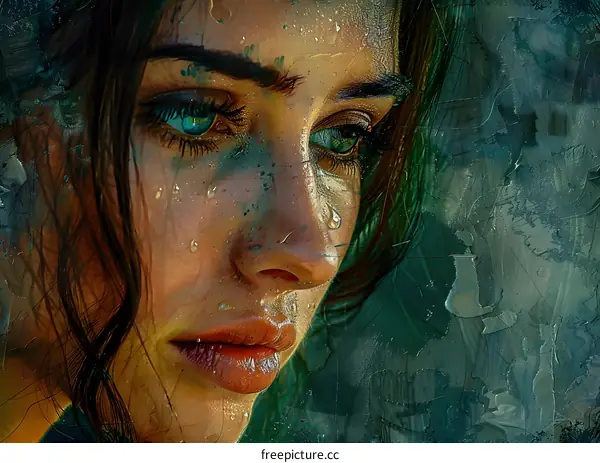 A close-up portrait of a beautiful woman with green eyes and wet cheeks