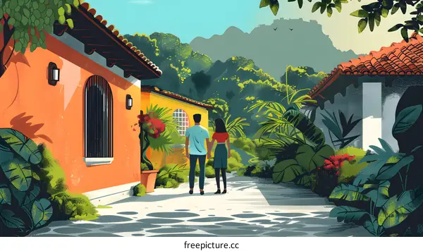 Couple Walking Through a Tropical Village