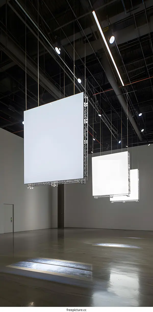 Modern Art Installation with Suspended Panels in Large Empty Room