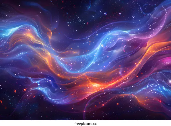 Colorful abstract glowing light waves with shiny particles and stars in dark blue space