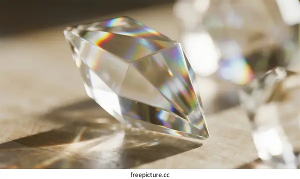 Close-up of brilliant cut crystal gemstone with rainbow light