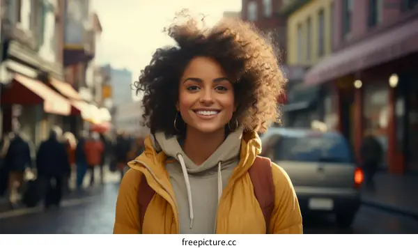 Smiling Young Woman with Backpack in the City Street