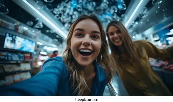Two young women taking a selfie in a shopping mall