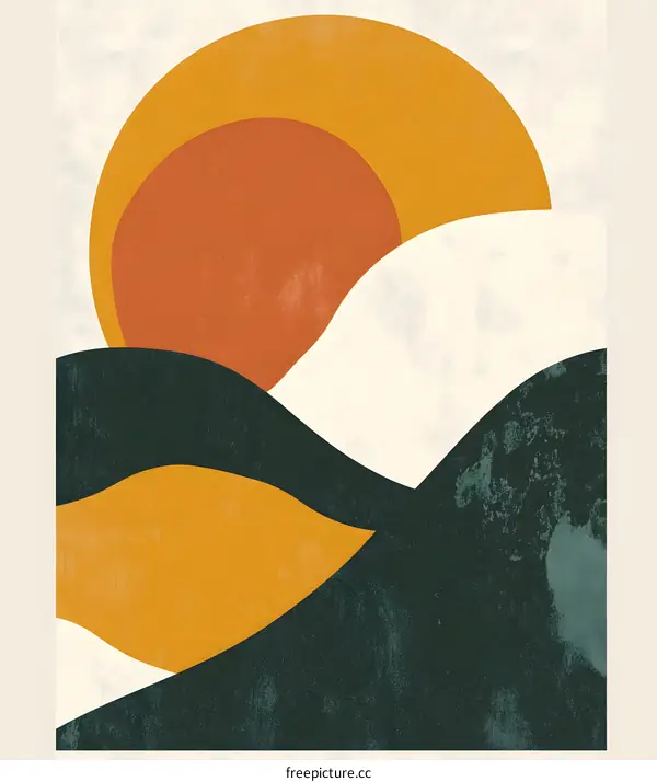 Abstract Minimalist Landscape with Sun and Mountains