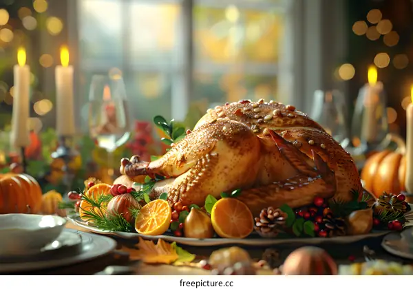 Thanksgiving dinner table with roasted turkey, pumpkins, and candles