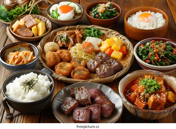 Japanese Food Table Setting With Various Dishes