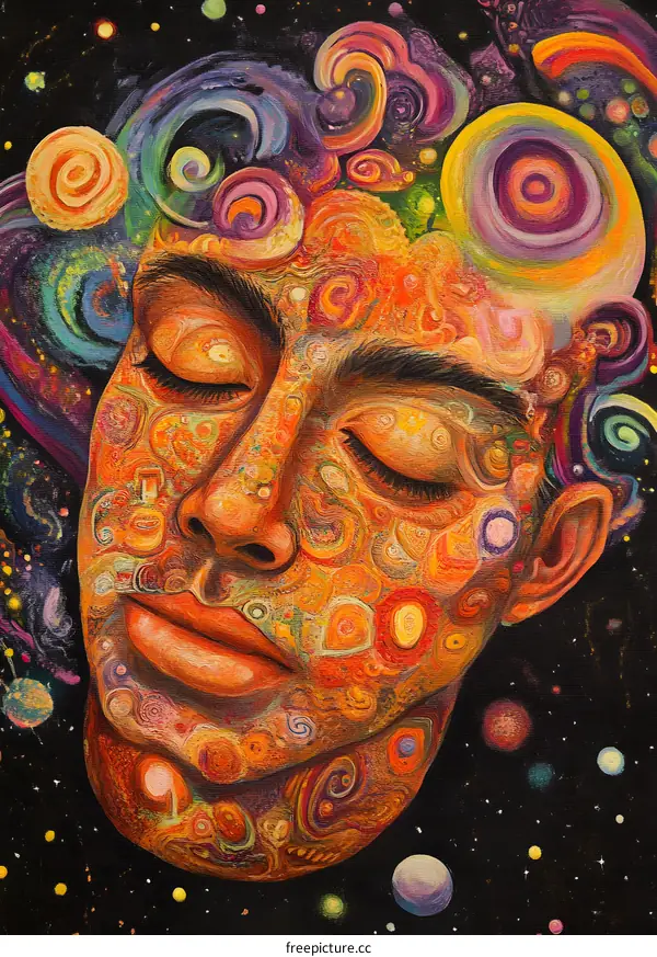 Abstract Painting of a Face with Swirling Colors and Galaxies