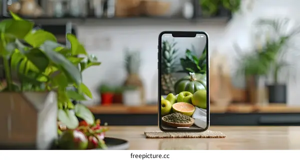 Phone on Table with Fruit Image