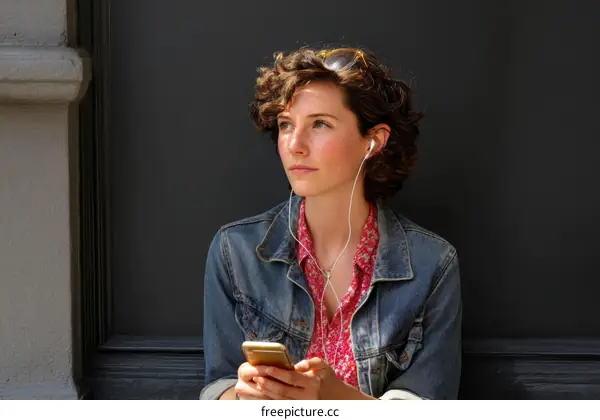 Woman Listening to Music on Smartphone Outdoors