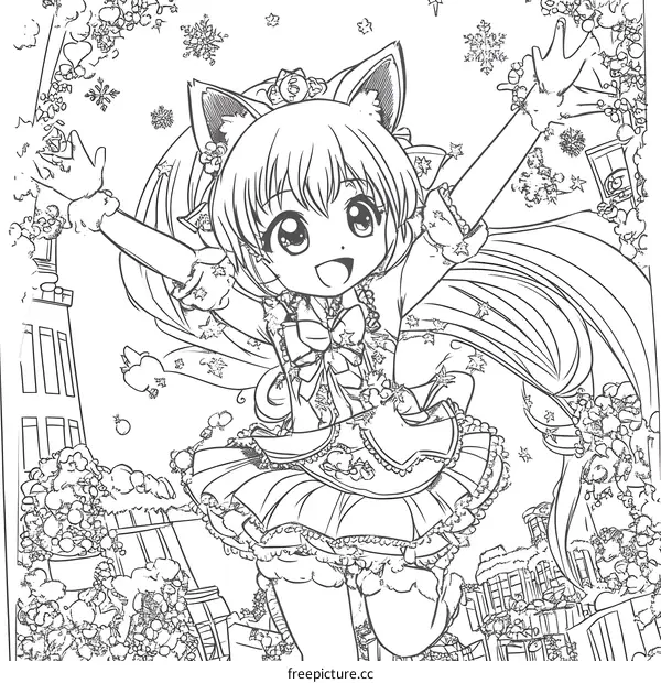 Cute Anime Girl with Cat Ears and Bow in Winter Wonderland