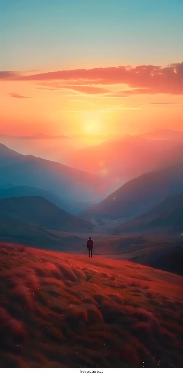 Silhouette of a Man Standing on a Mountain Ridge at Sunset