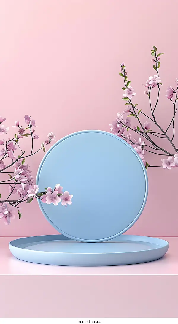 Pastel Pink and Blue Minimalist Background with Sakura Flowers