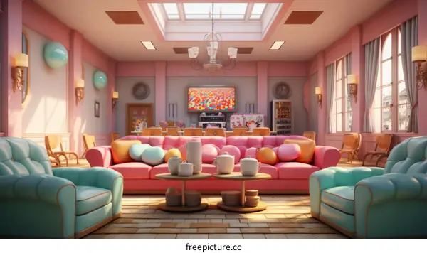 Pink living room with large pink sofa, blue armchairs and TV