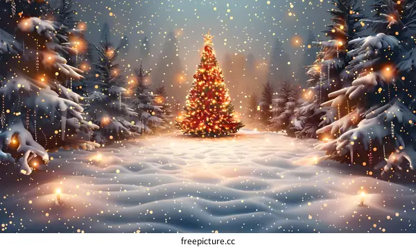 Christmas tree in a snowy forest