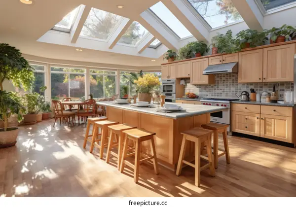 Bright and Airy Kitchen With Vaulted Ceiling and Skylights