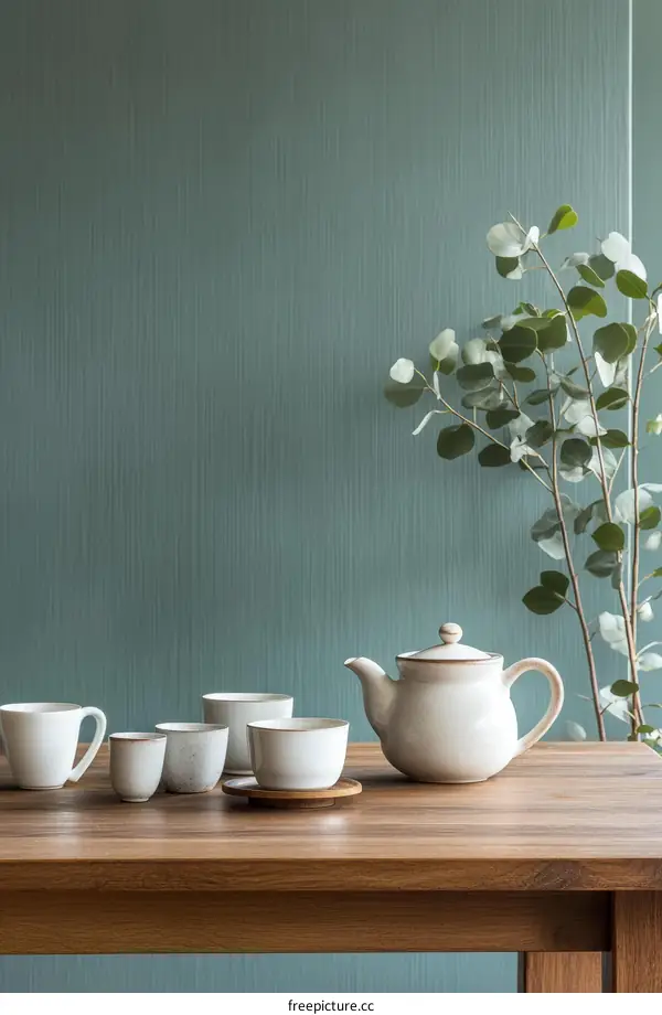 Elegant Tea Set on Wooden Table Against Teal Wall