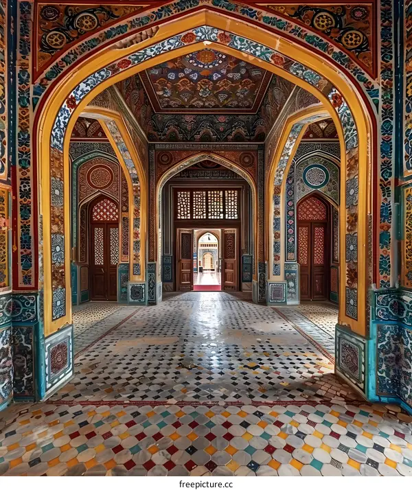 Colorful Decorated Hallway with Archways in an Ancient Palace