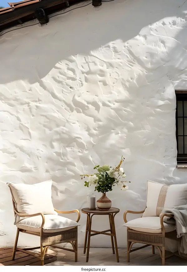 Two White Cushioned Wicker Chairs and a Round Table in Front of a White Wall