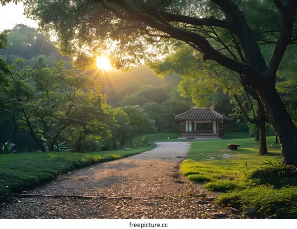 The stone path in the park leads to a pavilion under the shade of green trees