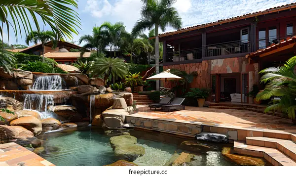 A beautiful house with a waterfall and pool surrounded by palm trees