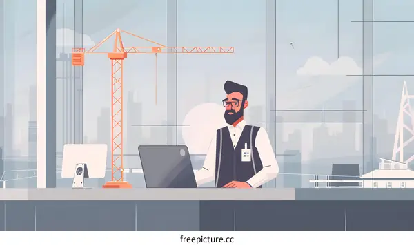 Construction Worker in Office Working on Laptop with Crane Outside the Window