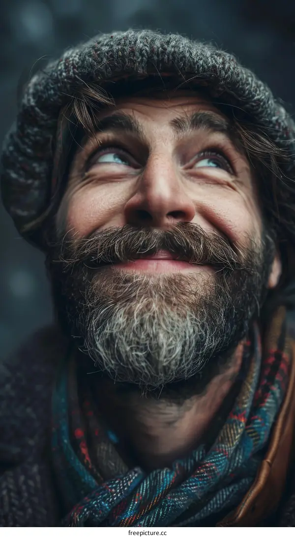 Close Up Portrait of a Man with a Beard and a Plaid Scarf