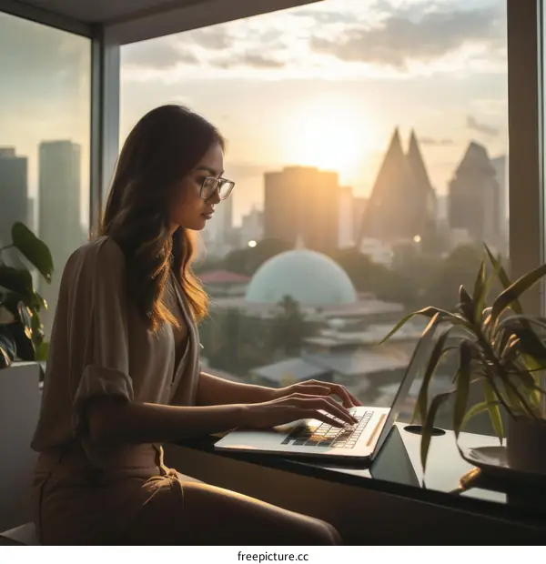 Woman working on laptop in modern office with city view