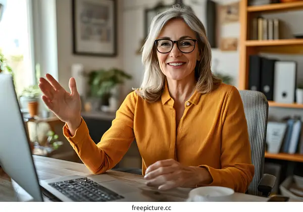 Smiling Woman Sitting at a Desk in her Home Office Working on her Laptop