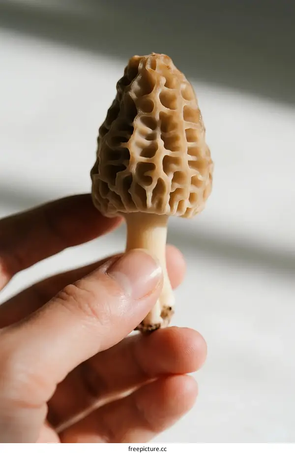 A Fresh Morel Mushroom Held in a Person's Hand