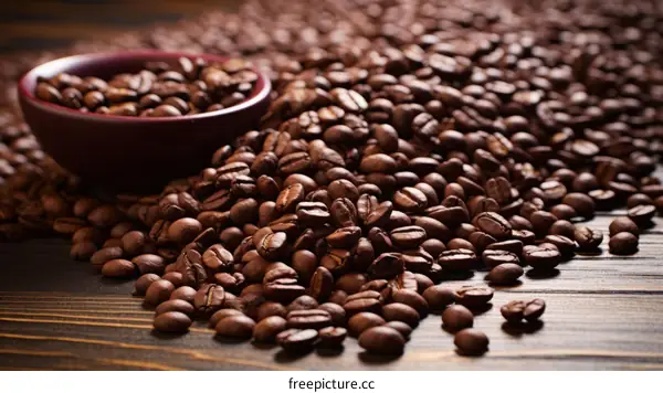 Coffee beans scattered on a wooden table with a ceramic bowl