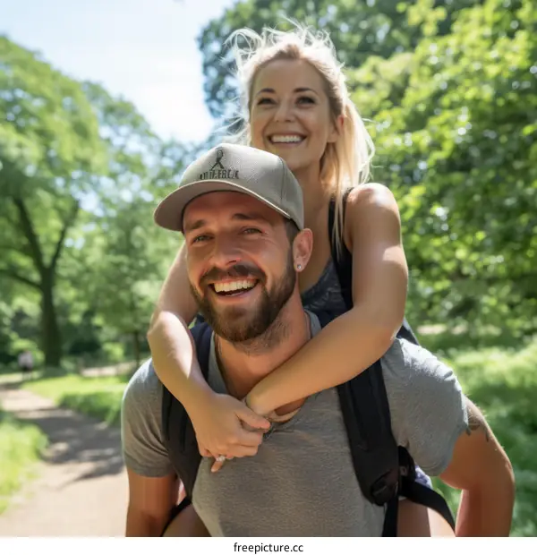 A man and a woman are smiling and laughing while walking in the woods.