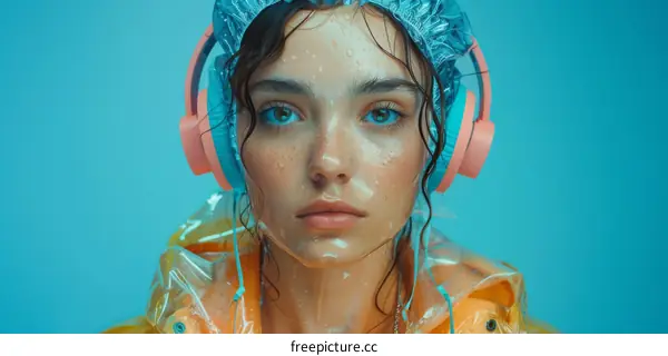 Portrait of a young woman wearing a transparent raincoat and headphones