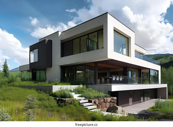 Modern Concrete House with Glass Windows and Patio