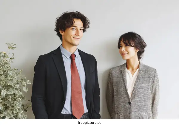 Two Business Professionals Posing Near a Plant