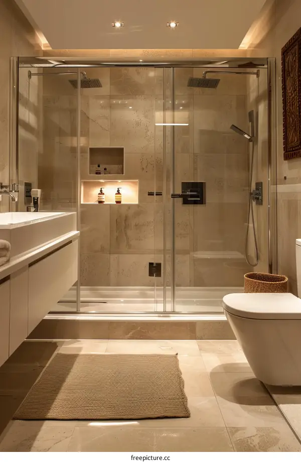 Modern Beige Marble Bathroom Design with Glass Shower