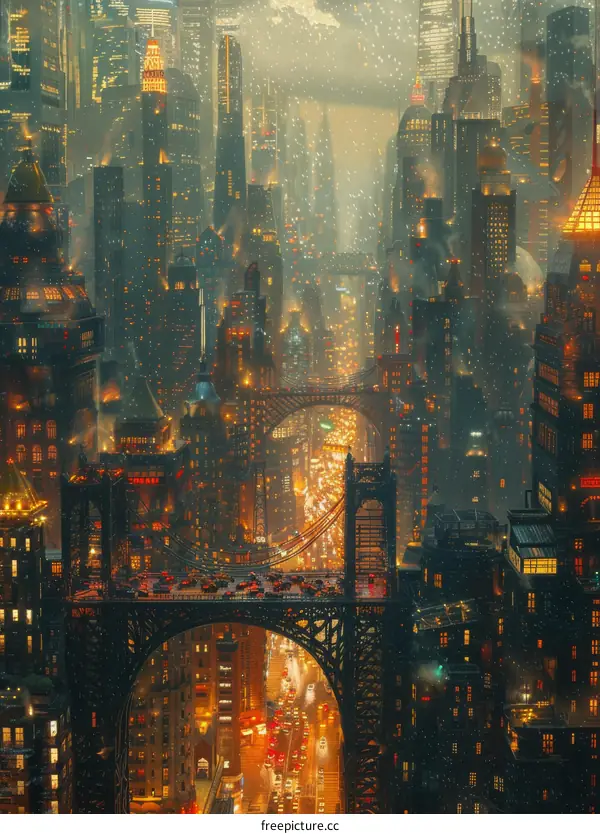 Futuristic Cityscape at Night Under Snow