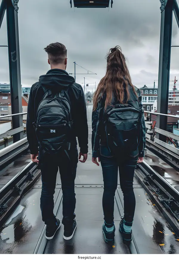 Couple Walking On A Train Track Bridge