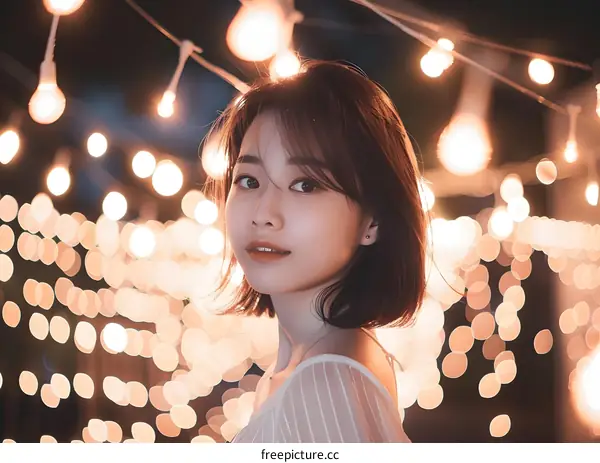 Asian Woman with Short Hair Posing in Front of Bokeh Lights