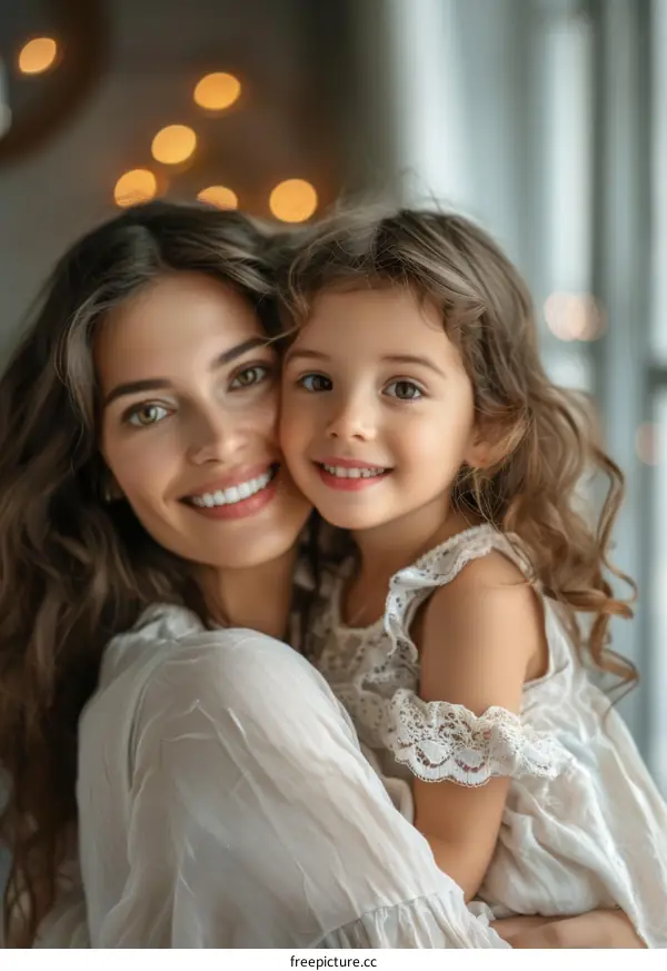 A mother and her daughter are smiling and hugging.