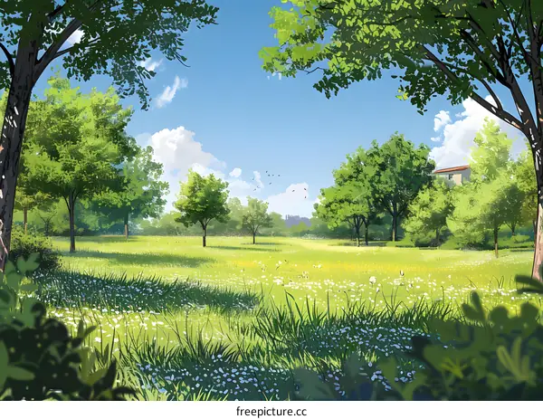 Green Meadow with Trees and Blue Sky