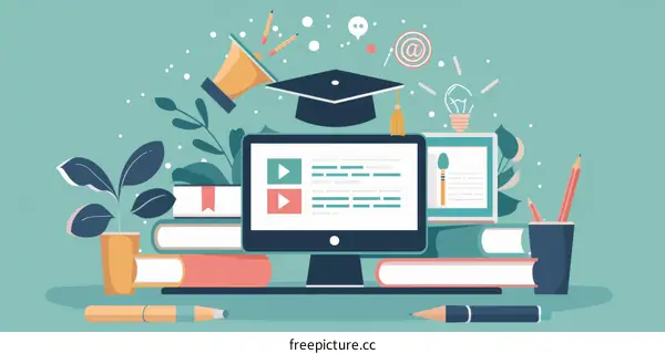 Online Education with Graduation Cap on Open Book and Laptop on Wooden Table