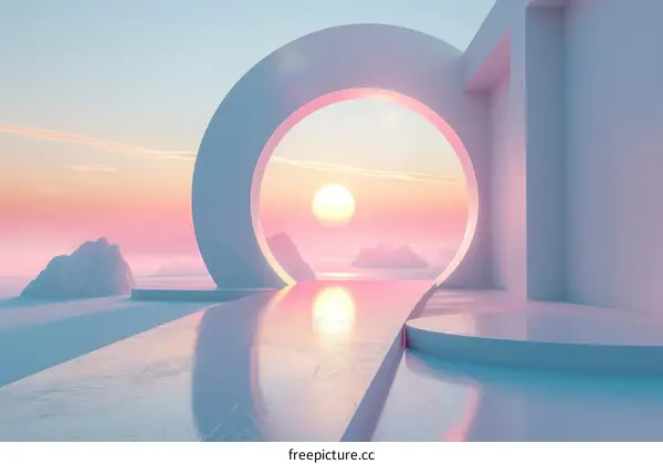 Futuristic Landscape with Portal and Setting Sun