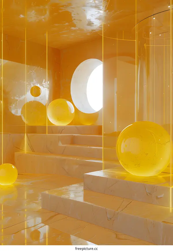 3D rendering of an abstract yellow room with glass spheres
