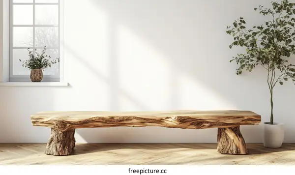 Rustic Wooden Bench in a Modern Minimalist Interior